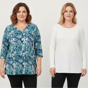 J. Jill Lot of Two XL Knit Tops - Stretch & Comfort White and Blue Bird Print